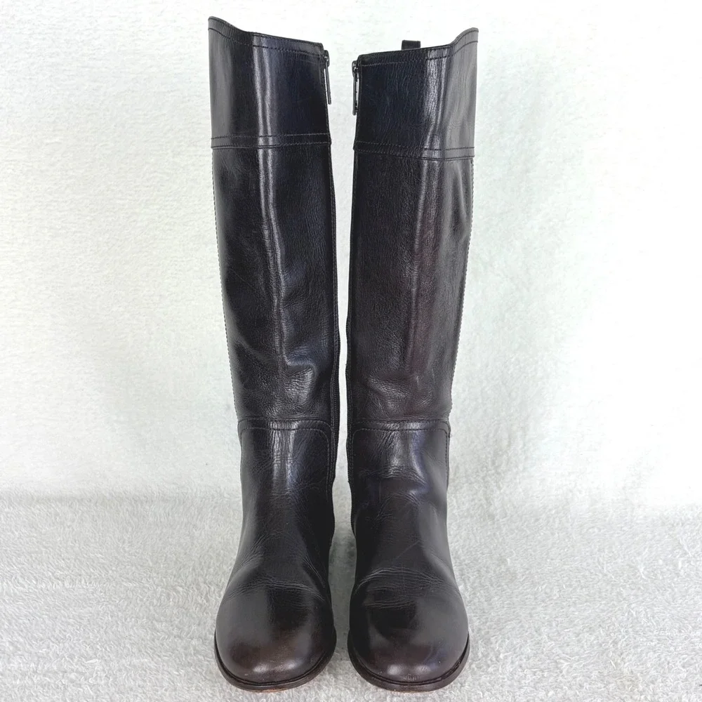 Tory Burch Jess Dark Brown Leather Knee High Riding Boots Gold‎ Horsebit 7.5M